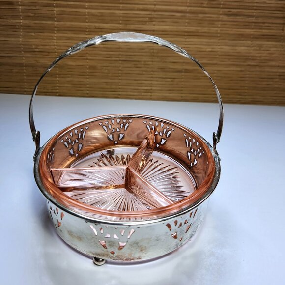 Antique Silver Plate Depression Pink Glass Relish Dish Edwardian Period Table - Picture 1 of 15